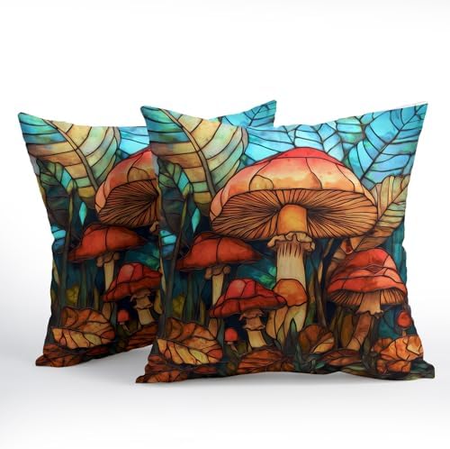 Summer Pillow Covers 18x18 Inch Set of 2, Mushroom Throw Pillow Covers Teal Blue Pillowcase, Soft Decorative Seasonal Spring Fall Cushion Case Couch for Indoor Outdoor Home Decor - Image 2