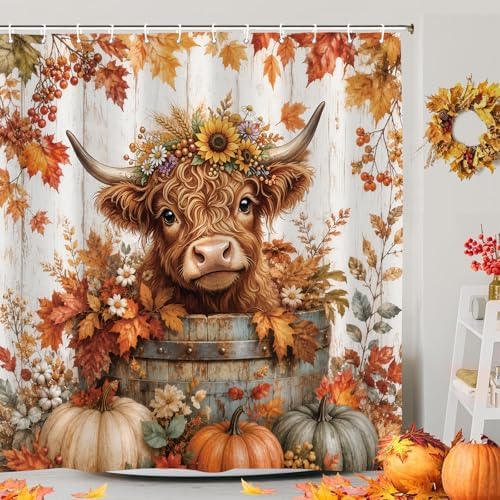 Fall Highland Cow Shower Curtain, Cute Cow Pumpkin Thanksgiving Farmhouse Animal Bathroom Decor Set, Autumn Harvest Seasonal Country Shower Curtains for Bathroom 72X72in - Image 2