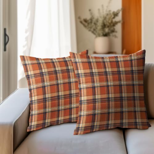 Fall Plaid Pillow Covers 22x22 Set of 2 Autumn Burnt Orange Scottish Tartan Square checked Outdoor Throw Pillows Covers Farmhouse Classic Decorative Farmhouse Cushion Case for Living Room Couch Sofa - Image 3