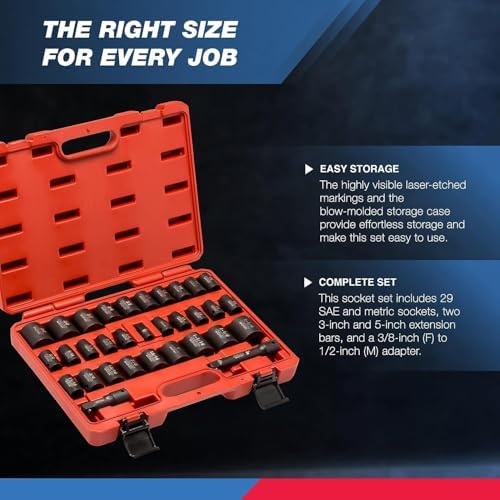 Neiko 02447A 1/2" Drive Master Impact Socket Set, 32 Piece Shallow Socket Assortment | Standard SAE (3/8-Inch to 1-1/4-Inch) and Metric (10-32 mm) Sizes | Cr-V Steel - Image 7