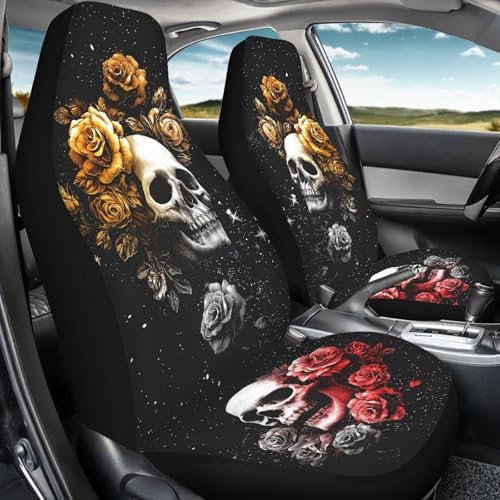 Bulopur Skull and Rose Car Seat Covers Front Seats Auto Drive Seat Covers 2 Pack Black Breathable Carseat Cushions Universal for Sedan SUV Truck Halloween Decorations