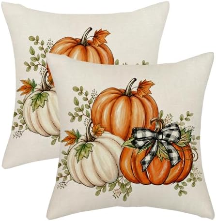 Fall Pumpkin Plaid Pillow Covers 20x20 Set of 2 Orange White by Gohdiwh