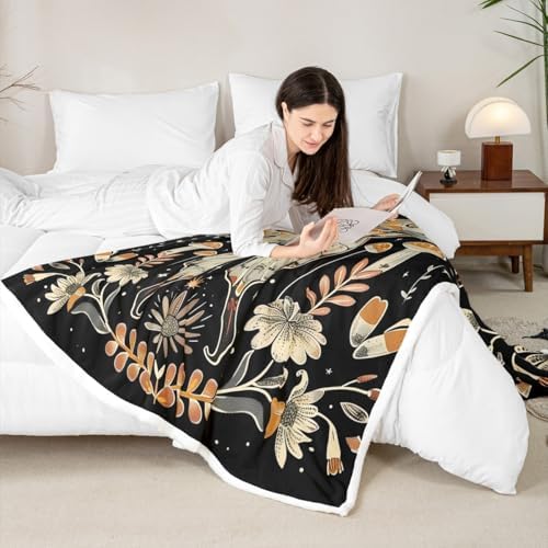Butterfly Moth Throw Blanket Boho Floral Mushrooms Fleece Flannel Blankets Kids Boys Girls Room Decor Galaxy Starry Bed Blankets for Bed Sofa Couch Black Light Yellow Plush Blanket 40"x50" - Image 4