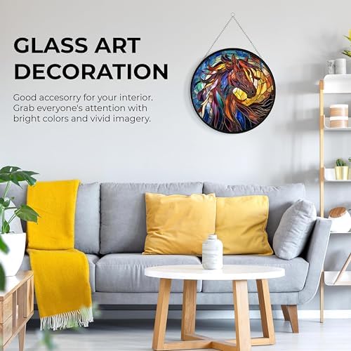 Horse Stained Glass Suncatcher Four Season Theme Colorful Leaves Window Wall Hanging Ornament Hand-Painted Glass Panel Decor Gift for Women Christmas Thanksgiving Gift 6.3" - Image 5