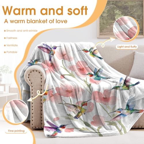 Hummingbird Floral Throw Blanket for Couch Sofa Bed,Pink Flower and Colorful Birds Blanket for Girls Women,Bedroom Decor Present for Birthday Valentines Day 50"x60" - Image 3