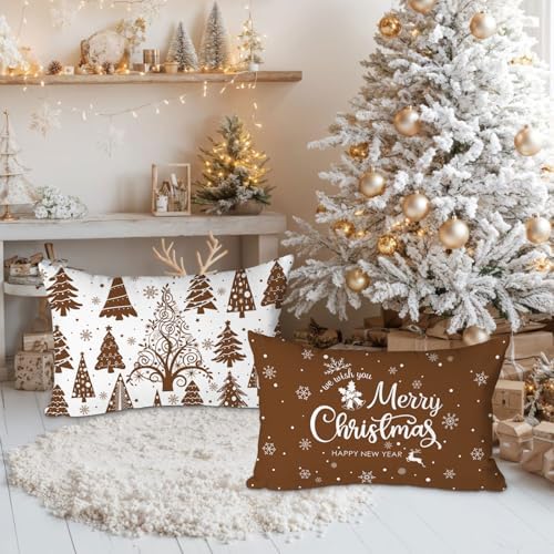 Lanpn Christmas Throw Pillow Covers 12x20 Set of 4, Merry Christmas Winter Xmas Snowflake Decorative Holiday Cushion Pillow Cases 12 x 20 for Outdoor Indoor Farmhouse Home Room Couch Decor (Brown) - Image 5
