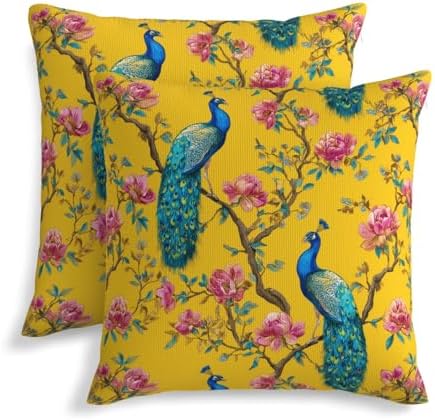 KiuLoam Chinoiserie Peacock Pillow Covers 20x20 Inch Set of 2, Vintage Floral Bird Yellow Decorative Throw Pillows, Rustic Farmhouse Outdoor Square Cushion Cases for Sofa Couch Bed Home Decor by KiuLoam