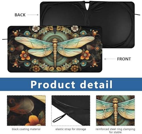 Windshield Sun Shade Dragonfly Florals Mandala Boho Car Sunshade for Auto Truck SUV, Sun Shield that Keeps Your Vehicle Cool, Foldable, Storage Bag 62 x 32 in
