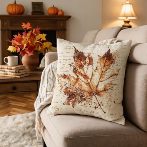 Vintage Fall Pillow Covers 22x22 Set of 2, Rustic Maple Leaf Autumn Themed Thanksgiving Decorative Throw Pillow Cases Holiday Outdoor Seasonal Farmhouse Decor for Sofa Couch Bed - Image 4