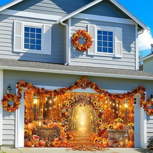Fall Garage Door Cover 8x6ft Pumpkin Sunflower Arch Thanksgiving Decor - Image 2