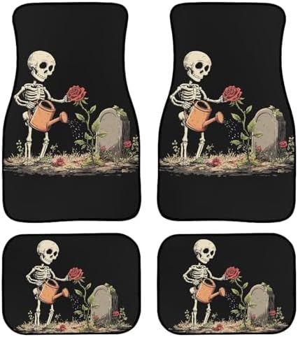 Skeleton Carpet Vehicle Floor Mats Retro Halloween Skeleton All Weather 4 Piece Fit Floor Mat Gothic Tombstone Rose Flower Interior Accessories Anti Slip Mats for Row