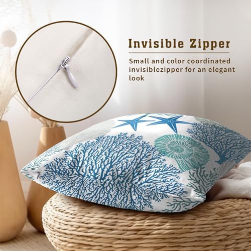Summer Ocean Themed Nautical Coastal Throw Pillow Covers 20X20 Inches Set of 2 Blue Seashell Starfish Coral Pillowcase Soft Cotton Square Cushion Covers for Home Sofa Patio Bedroom Decoration - Image 4