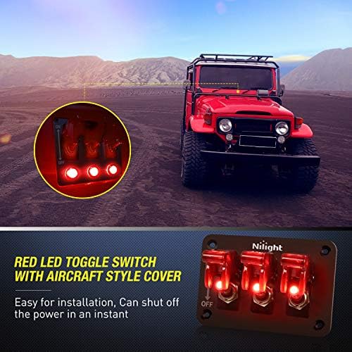 Nilight 3 Gang Toggle Switch 12V Rocker Switch Panel with LED Light and Flip Cover Heavy-Duty ON/Off Switch Plate 3 Pin SPST，2 Years Warranty