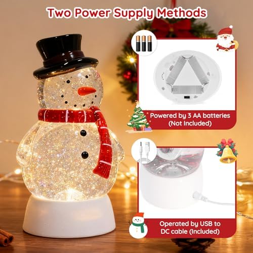 Christmas Snow Globe Snowman Lighted Musical Glitter Globe Battery Operated or USB Powered with Timer Water Glittering Snowing Globe for Christmas Party Home Table Decorations Gifts (Snowman) - Image 5