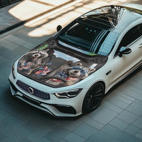 American Raccoon Car Hood Cover Banner Car Bonnet Protection Cover Elastic Fabrics Polyester，Can be Washed Auto Decoration
