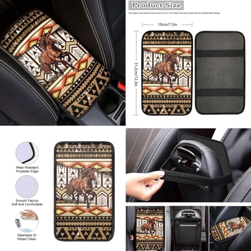 12Pcs Brown Horse Auto Seat Cover Protection Front Rear Seats,Breathable 15 Inch Steering Wheel Covers+Coaster+Keychain+Armrest+Seat Belt Pads,Southwestern Tribal Horse Car Accessory Decor