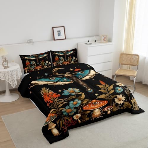 Feelyou Butterfly Bedding Set Full Size Death Moth Comforter Set for Kids Boys Girls Mushroom Comforter Flower Duvet Set - Image 2