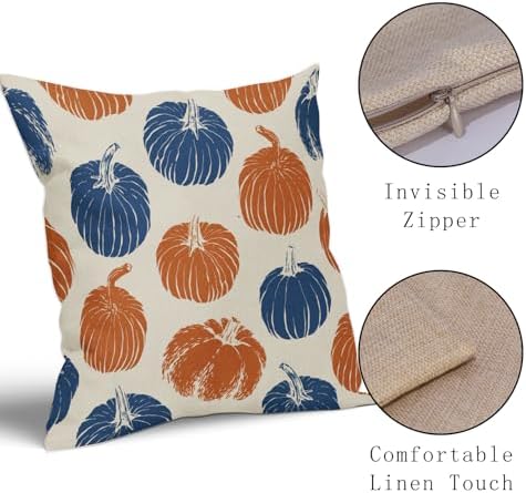 Blue Orange Pumpkin Fall Pillow Covers 16x16 Set of 2 Autumn Harvest Print Thanksgiving Decorative Throw Pillows Outdoor Farmhouse Cushion Case Seasonal Decor for Couch Sofa Bed - Image 4