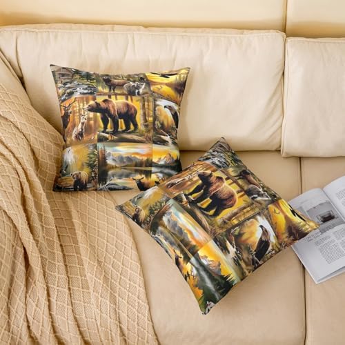 Manfei Bear Deer Double Sides Print Pillow Covers,Rustic Lodge Cabin Wild Animal Throw Pillow Case Covers,Jungle Hunting Aventure Brown Plaids Patchwork 20"x 20" Cushion Covers,Pack of 2 - Image 2