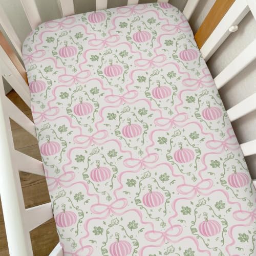 Fall Pink Pumpkins Bows Gingham Baby Crib Sheets for Girls Autumn Thanksgiving Harvest Soft Snug Fitted Crib Mattress Covers for 52''x28'' Standard Crib & Toddler Mattress Halloween Bed Sheets by Unknown
