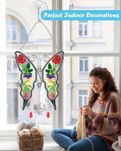 KY&BOSAM Butterfly Suncatcher I Love You Aunt Stained Glass Hanign for Window Catchers with Pressed Real Flower and Heart Charm Home Garden Decor Birthday Gifts for Aunt Mothers Day Christams Ornament - Image 2