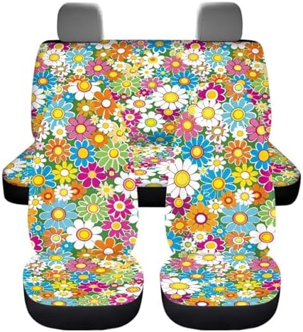 Vibrant Hippie Flower Print Car Seat Covers 4Pcs Front & Rear Breathable Seat Covers Universal Fits for Truck, Sedan, SUV Auto Interior Protector Car Accessories
