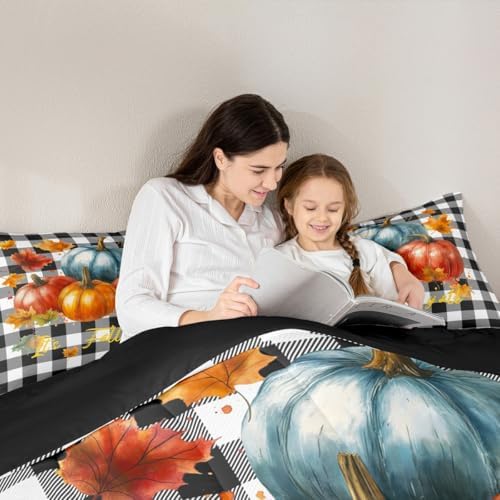 Erosebridal Pumpkin Fall Bedding Set Twin Size Buffalo Grid Comforter Set Autum Maple Leaves Down Comforter Black White Lattice Quilt Set Lightweight 2 Pieces Bedroom Decor for Kids Boys Adults - Image 6