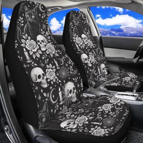 Bulopur Halloween Car Seat Covers Set Non-Slip Breathable 2 Piece Car Seat Covers Front Seats Only Universal Vehicle Accessories for Halloween Decor, Black Cat Skull