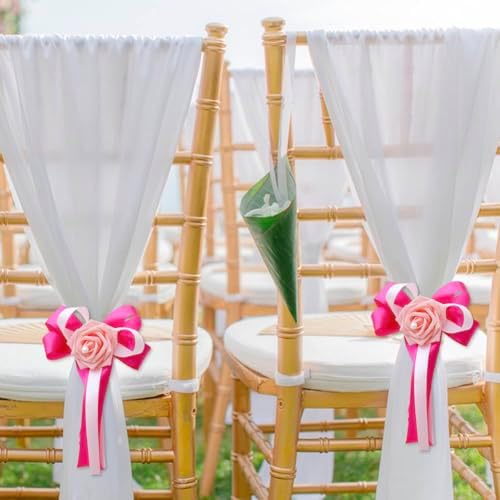 12 Pieces Wedding Car Flower Decoration Artificial Rose Flower with Ribbon Bows Wedding Aisle Chair Back Flowers Decor Car Door Handles Rearview Mirror Decorative Flower,Pink - Image 4