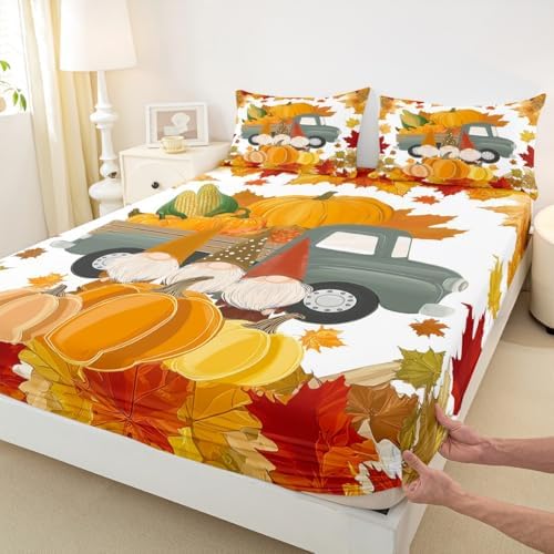 Fall Pumpkins Bed Sheet Set Cute Autumn Gnomes Bed Sheets Deep Pocket Thanksgiving Harvest Season Bedding Set Twin For Kids Teen Adults,Maple Leaves Soft Fitted Sheet + Flat Sheet + 1 Pillow Case - Image 6