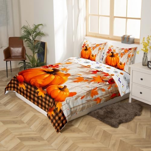 Erosebridal Fall Pumpkin Harvest Duvet Cover Queen Size, Country Cottage Decor Comforter Cover for Kids Teens Adult Bedroom, Brown Plaid Bedding Set Rustic Maple Autumn Leaves Bedspread Cover - Image 5