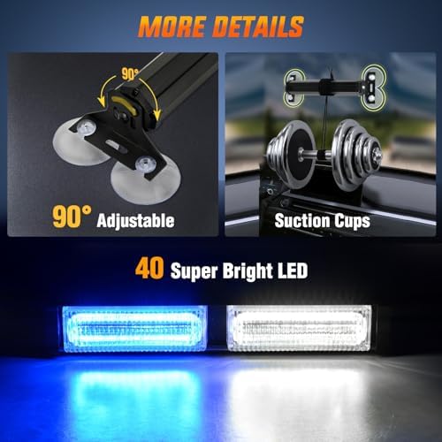 Nilight 40LED Blue White Emergency Strobe Traffic Advisor Light Bar with Suction Cups Dash Safety Warning Hazard Flashing Lights Interior Front/Rear Windshield for Trucks Construction Vehicles