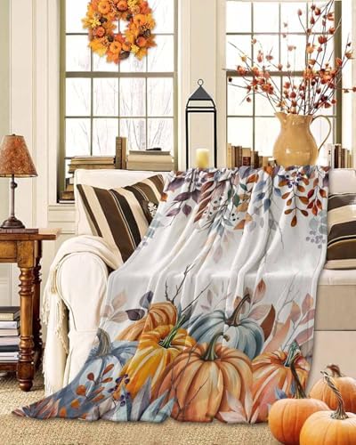DecorLovee Orange Blue Fall Blanket 50"x60", Reversible Thanksgiving Throw Blanket for Couch/Bed/Camping, Maple Leaf Pumpkins Lightweight Soft Throw Blankets for Women, Warm Fuzzy Blankets for Winter - Image 2