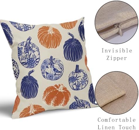 Blue Orange Pumpkin Fall Pillow Covers 18x18 Set of 2 Chinoiserie Autumn Thanksgiving Grandmillennial Decorative Throw Pillows Outdoor Farmhouse Cushion Case Seasonal Decor for Couch Sofa Bed - Image 4