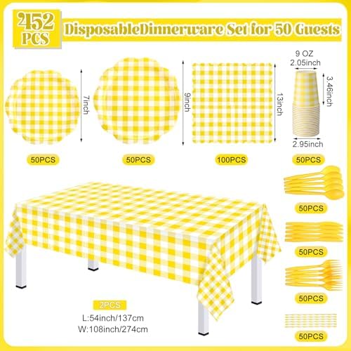 Funnymoom 452 Pcs Yellow Gingham Party Supplies for 50, Yellow and White Gingham Checkered Paper Plates Napkins Cups Tablecloth Cutlery Straws for Birthday Family Picnic Barbecue Party Decoration - Image 3