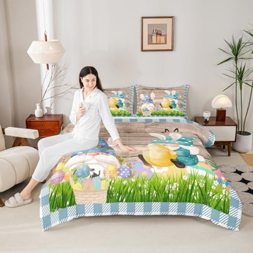 Happy Easter Comforter Set Queen Size Cute Rabbit Gnomes Bedding Set 3pcs for Kids Girls Boys Bedroom Blue Grid Watercolor Quilt Set Rustic Farmhouse Brown Wooden Duvet Insert,2 Pillowcases - Image 4