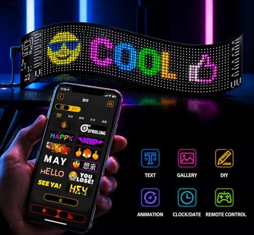 Flexible LED Matrix Panel, Bluetooth App Programmable LED Car Sign, DIY Scrolling Text Animation Graffiti LED Screen, Waterproof USB 5V LED Display for Car Window, Store, Party (23.4"x4.7")