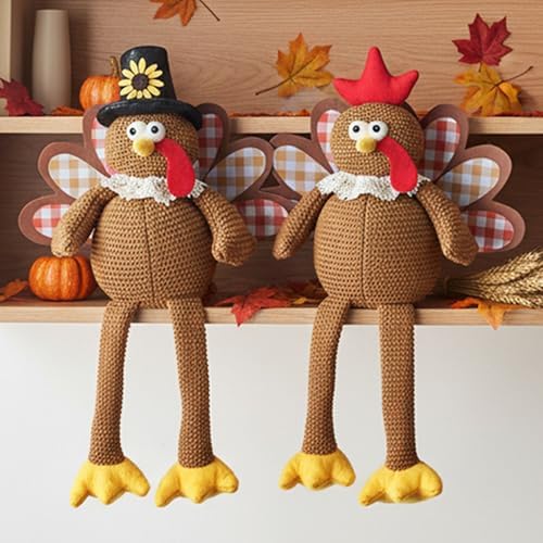 Thanksgiving Decorations Set of 2 Turkeys with Dangling Legs, Turkey Couple Doll Plush Kit Tabletop Centerpieces for Fall Harvest Home Decor Kitchen Shelf - Image 2