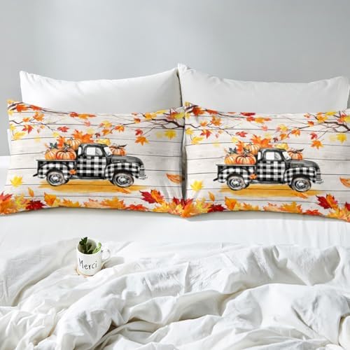 Fall Plaid Pumpkin Truck Bedding Set For King Bed,Rustic Farmhouse Barn Door Bed Sheets Autumn Harvest Thanksgiving Sheet Set Gifts Red Gold Maple Leaf Fitted Sheet Retro Watercolor Flat Sheet 4 Pcs - Image 5