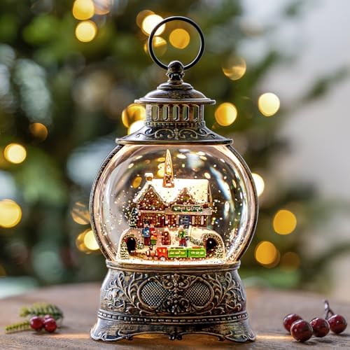 Christmas Snow Globes Christmas Water Lantern with Station Train, Music & 6H Timer, USB Lined/Battery Operated Lighted Lanterns for Xmas Festival Decoration Gifts by ZQQLITE