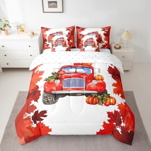 Autumn Harvest King Comforter Set,7 Pieces Soft Microfiber Red Maple Leaves Farmhouse Car Comforters with Fitted Sheet,Flat Sheet,Pillow Shams,and Pillowcases- Thanksgiving Pumpkin Bedding Sets - Image 3
