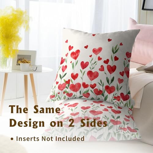 Valentine's Day Flower Throw Pillow Covers 12X12 Inches Set of 2 Red Love Heart Floral Pillowcase Soft Cotton Square Cushion Covers for Anniversary Wedding Home Sofa Bedroom Decoration - Image 5