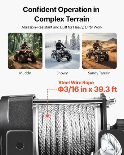 VEVOR 3000 lbs Electric Winch, 12V DC ATV/UTV Winch with Φ3/16 in x 39.4 ft Steel Wire Rope & Wired Remote Control, IP55 Waterproof, Aluminum Housing Fairlead Mount Plate for Towing ATV, Black - Image 3