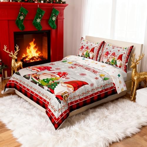 Merry Christmas Kids Duvet Cover Set Queen Size,Cute Gnomes Snowflake Romantic Bedding Set,Girls Boys Adults Room/Cabin Decor,Geometric Grids Retro Comforter Cover,Rustic Quilt Cover,2 Pillowcases - Image 2