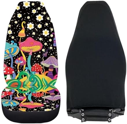 Colorful Mushroom White Floral Print 2 PCS Cool Graphic Car Seat Covers Unique Print Front Auto Seat Cover,Car Bucket Seats Protector Covers Universal fit for SUV Sedan Van