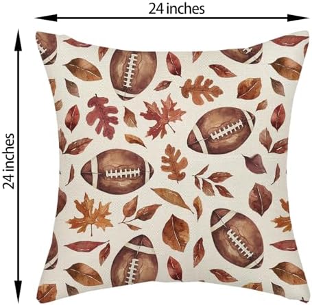 Fall Pillow Covers 24x24 Set of 2 Orange Maple Leaf Football Pillow Cases Autumn Thanksgiving Outdoor Fall Decoration Throw Pillows Holiday Farmhouse Linen Cushion Case for Couch Home Decor - Image 2