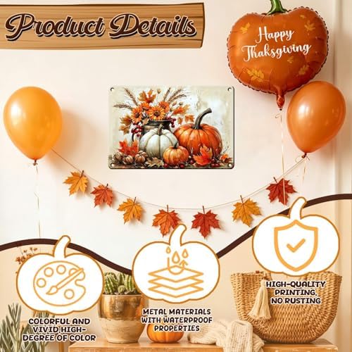 Fall Sign Happy Thanksgiving Decor Pumpkin Vintage Tin Sign 8x12Inch - Image 3