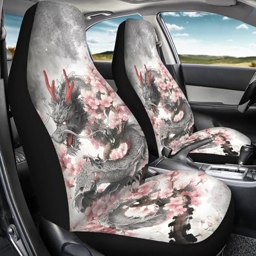 Cool Dragon Cherry Blossom Print Car Seat Covers 4Pcs Front & Rear Breathable Seat Covers Universal Fits for Truck, Sedan, SUV Auto Interior Protector Car Accessories