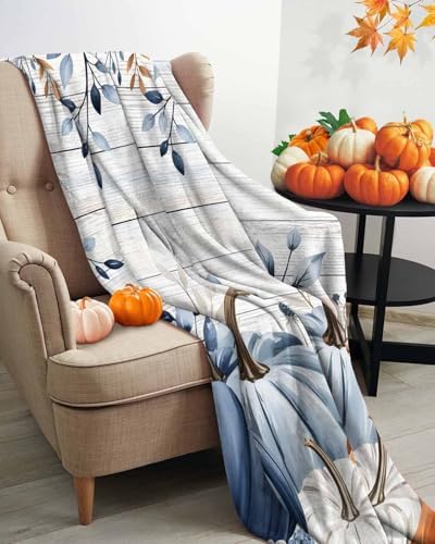 DecorLovee Orange Blue Pumpkins Fall Blanket 60"x80", Reversible Vintage Thanksgiving Throw Blanket for Couch/Bed, Botanical Lightweight Soft Throw Blankets for Men, Warm Fuzzy Blankets for Winter - Image 3