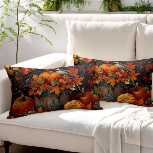 Fall Pumpkin Maple Leaves Pillow Covers 12x20 Set of 2 Highly Absorbent - Image 3